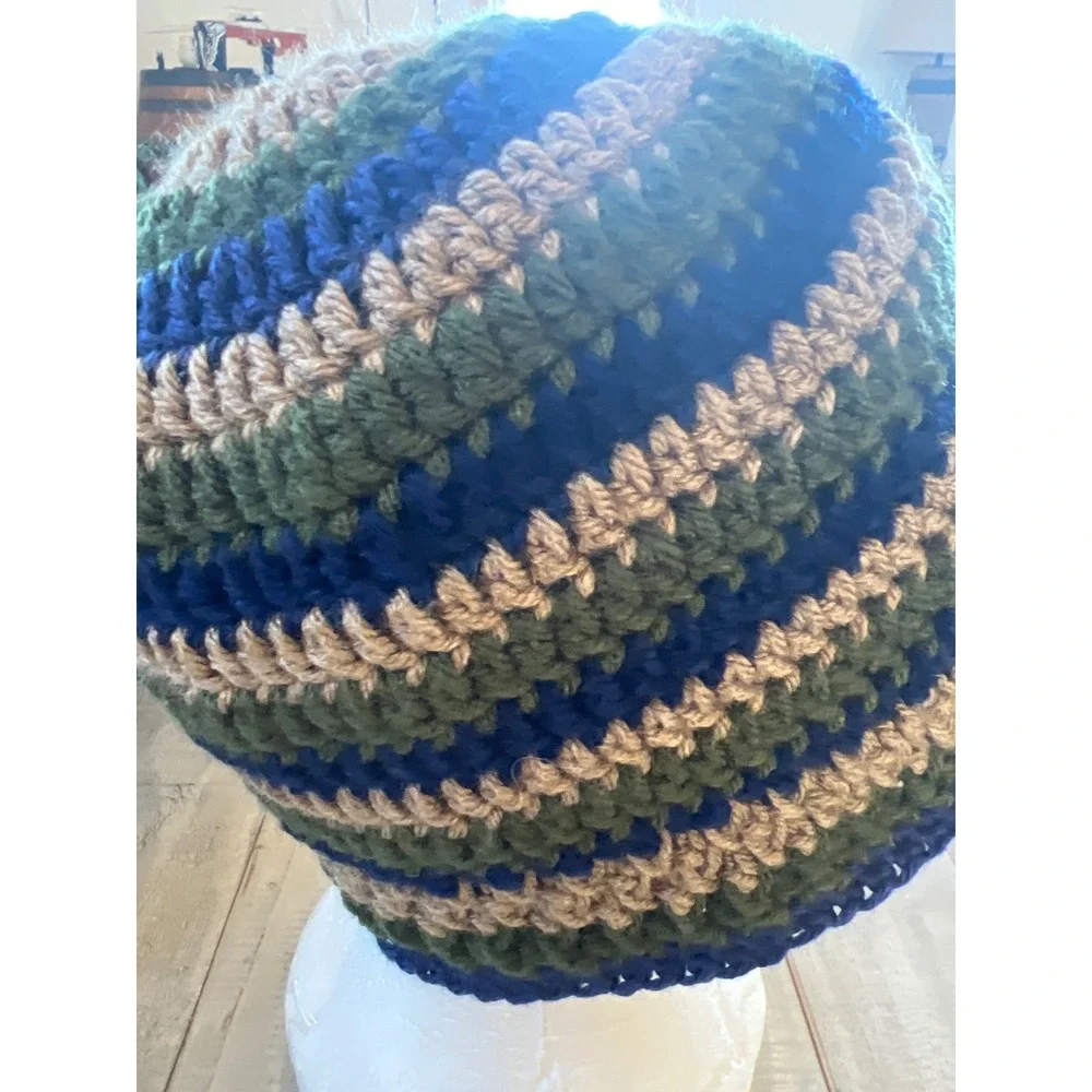 Handmade Crochet‎ Striped Beanie Hat Green Blue Tan Winter Knit Skull Cap Boho